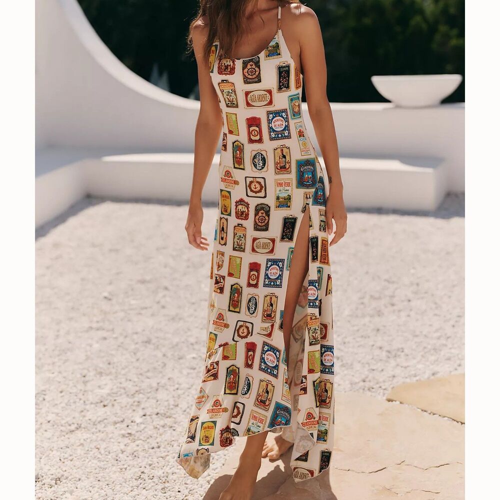 By Anthropologie Celandine Beaded Scoop-Neck Midi Dress Graphic Print XL 291546